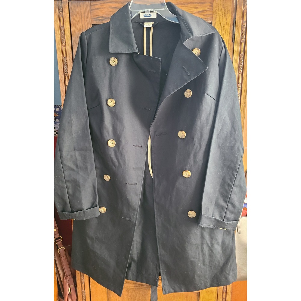 Y2K Old Navy Womens Black Double Breasted Cotton Trench Coat Belted Size M